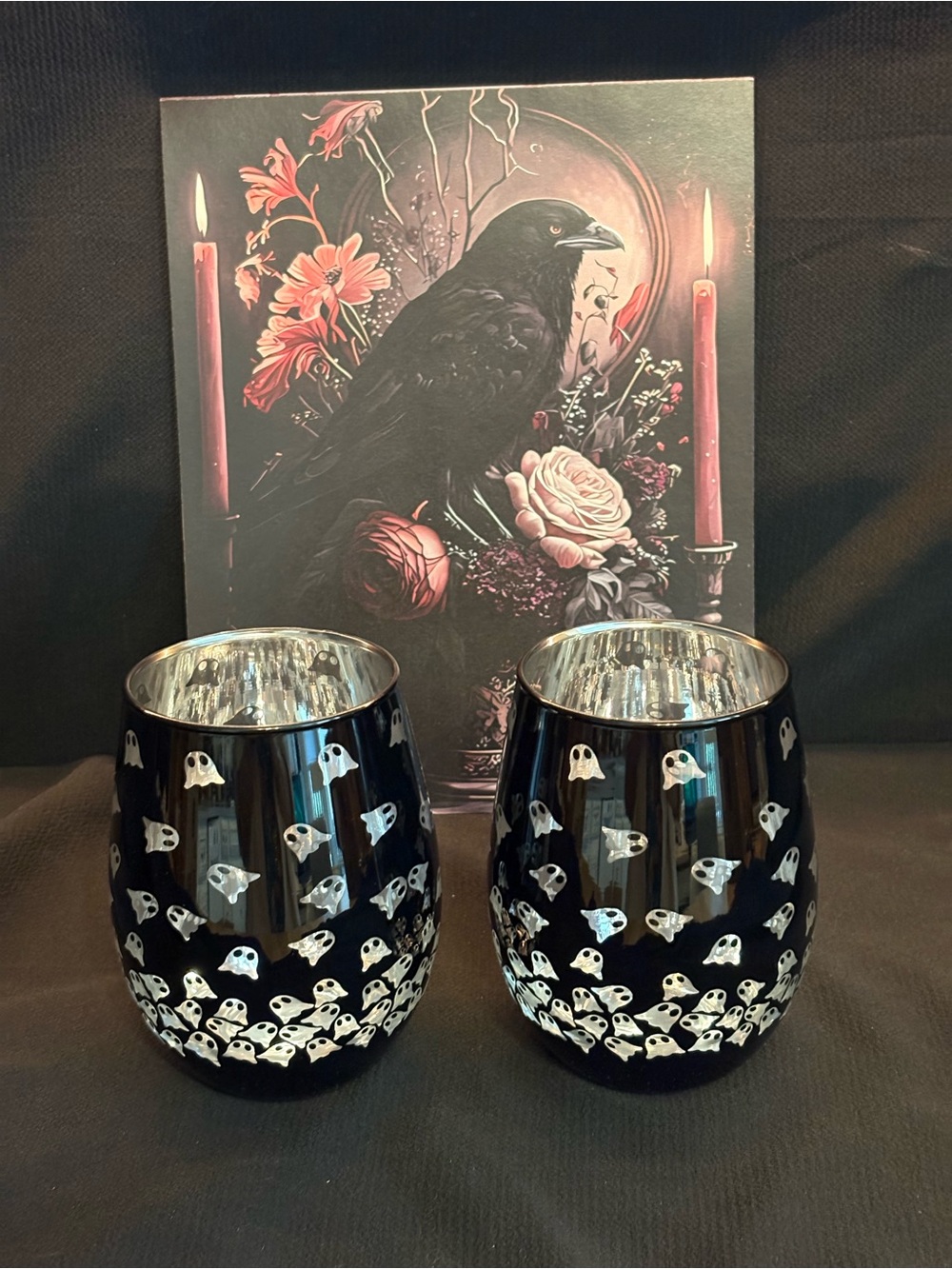 Halloween Ghost Stemless Wine Glasses Set of 2 Black Silver